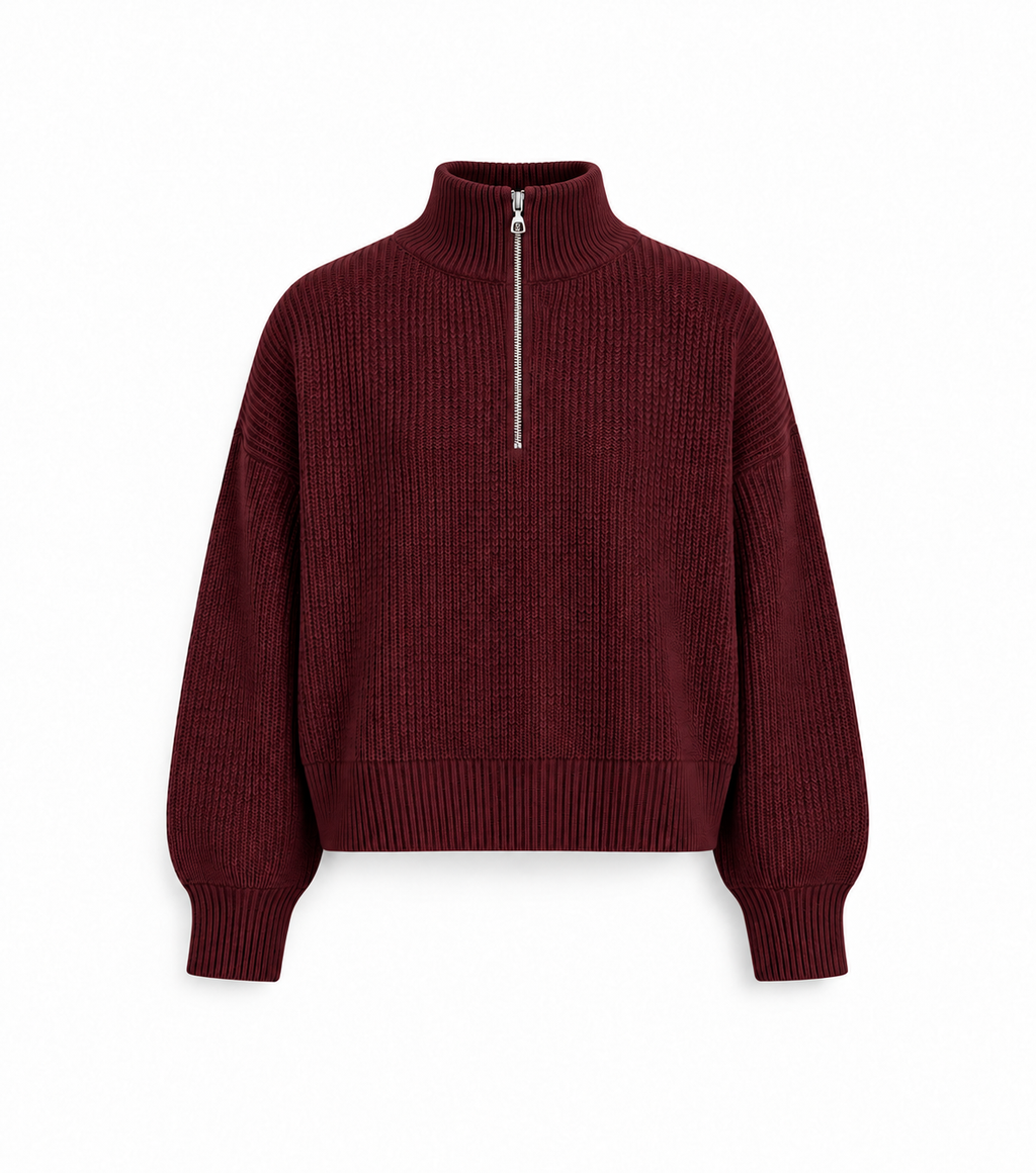 ALG Half-Zip Knit Sweater — Burgundy, closed zip, front view on white