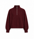 ALG Half-Zip Knit Sweater — Burgundy, closed zip, front view on white