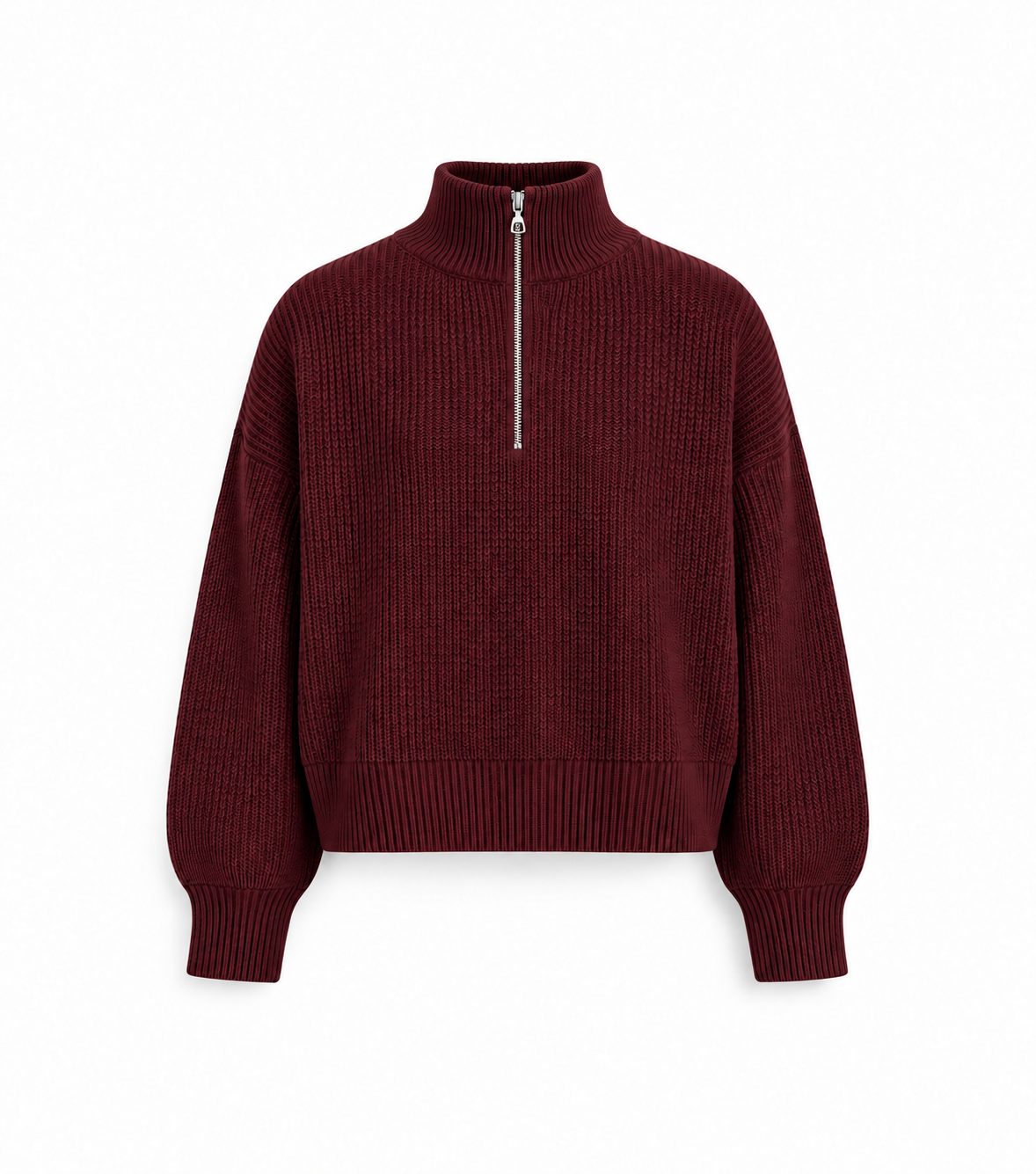 ALG Half-Zip Knit Sweater — Burgundy, closed zip, front view on white